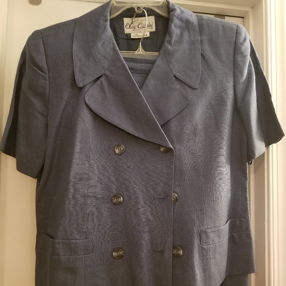 Vintage Oleg Cassini Womens Linen Blend Double-Breasted Skirt Suit Size US 14P